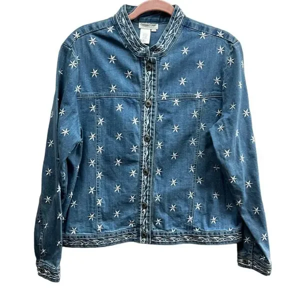 Coldwater Creek Stars Women Washed Blue Jean Jacket Button-Down Size Large - Picture 2 of 10
